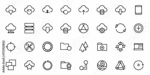 Collection of outline icons representing cloud computing, data storage, and file management features
