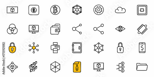 A collection of digital icons representing various concepts such as finance and technology elements