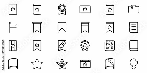 Illustration of various icons including stars flags ribbons and documents in a simple outline style