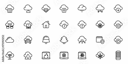 Collection of various cloud themed icons representing different concepts and functionalities in black outline