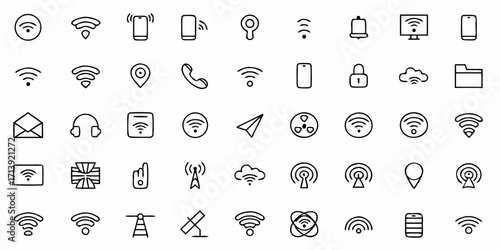 Illustration of various communication and technology icons including wifi signal and mobile devices icons