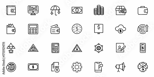 Illustration of various financial and business icons including money, wallets, and charts in black outline