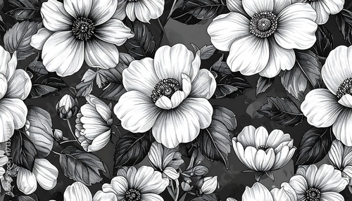 A black and white floral design showcasing a repeating pattern of large, detailed flowers and leaves against a dark background.