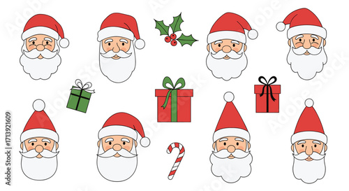 A delightful collection of cartoon santa claus faces with festive christmas elements like presents and holly.