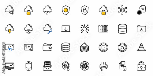 Collection of various cloud computing and networking related icons in a simple outline style design vector