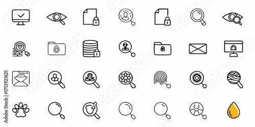Collection of security and search icons including magnifying glasses and secured files and databases