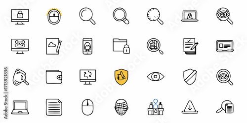 Line art icons depicting security, search, and technology related concepts in a simple and clean style