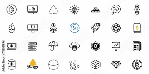Illustration showing various financial and business icons including bitcoin, gold bars, and data analysis