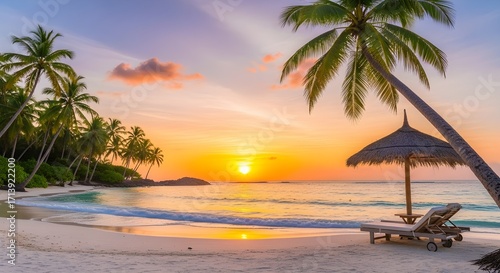A photorealistic tropical beach scene with clear turquoise water and soft white sand. Palm trees line the shore and a lounge chair sits under a palm leaf umbrella as gentle waves lap the coastline, 