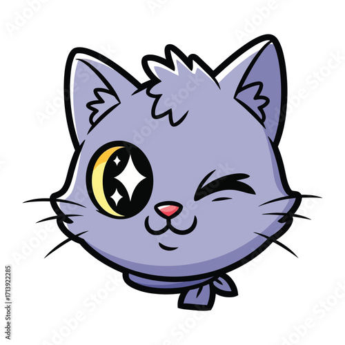 Charming Cat Cartoon Portrait: A cute and winking cartoon cat portrait, its captivating eye shining with a moon-like gleam, radiating warmth and playful character.