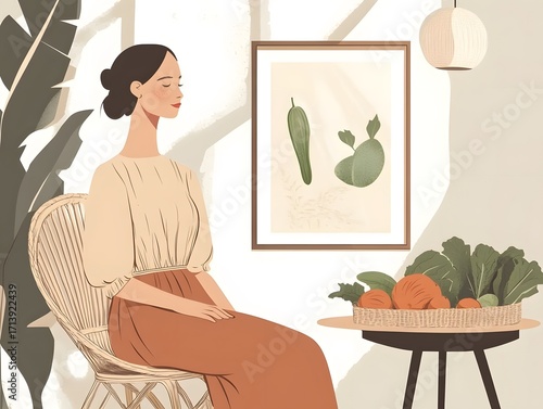 Interior design of an aesthetic and elegant room featuring warm wooden elements, neutral tones, and modern décor, young woman in the kitchen