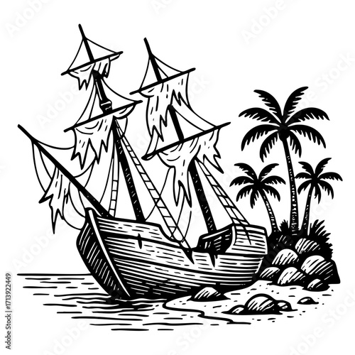 Vector Illustration of a Sunken Sailing Ship