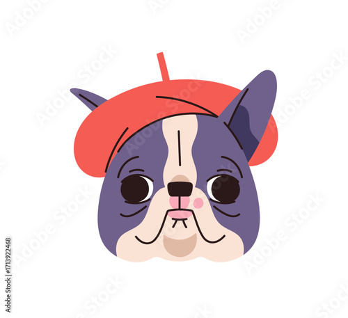 Cute French Bulldog with red beret hat and happy muzzle. Avatar of funny dog wearing hat. Portrait of fluffy puppy, pet with amusing face. Flat isolated vector illustration on white background