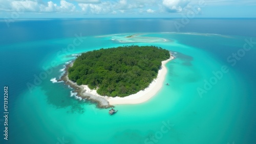Tropical island resting in turquoise waters, surrounded by white sandy beaches and lush green palm trees under a bright blue sky with fluffy clouds, concept of travel agency, eco tourism, beach resort