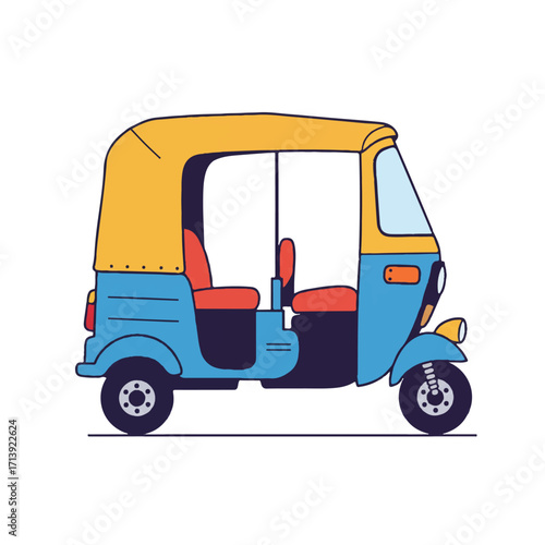 A clean 2D flat vector illustration presents an abstract auto rickshaw, rendered with a minimalist aesthetic against a pure white background.