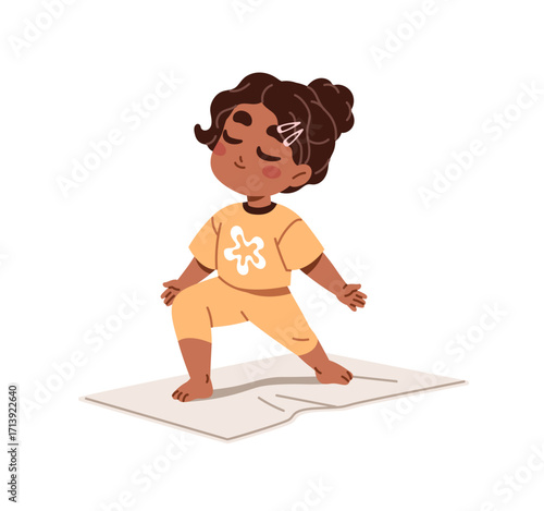 Black little girl practices yoga, stands in warrior pose. Cute kid balances, meditates, training on mat. Happy child does physical exercise, sports workout. Flat isolated vector illustration on white