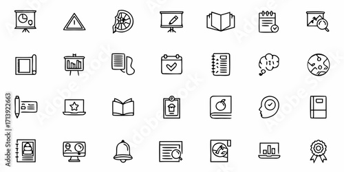 Illustration of business and education icons including presentation boards, books, and calendar symbols