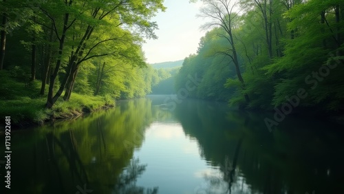 Tranquil river flowing through a lush forest, reflecting tall green trees under a soft morning mist with a single rock in the water, peaceful woodland scene, concept of travel agency, eco tourism