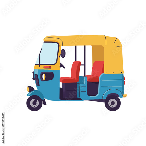 A vibrant flat 2D vector illustration showcases a traditional auto rickshaw with a clear driver seat, depicted cleanly against a plain white background, ready for travel.