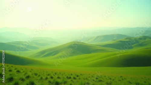 Wallpaper Mural Rolling green hills stretching under a soft sunrise, layered with misty mountains and lush valleys in a serene countryside, bright open sky, concept of travel agency, eco tourism, nature photography Torontodigital.ca