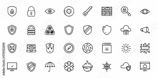 A collection of security and safety icons featuring shields locks eyes tools and other related symbols drawn