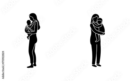 Two black silhouette illustrations of mothers holding their babies with love and care on white background