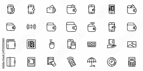 Collection of outline icons representing finance, payment methods, and related business transactions tools