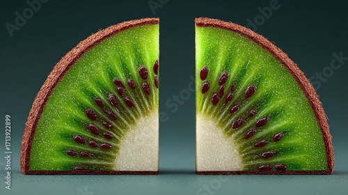Two perfectly symmetrical kiwi slices, bisected, showcasing vibrant green flesh, tiny dark seeds, and brown, slightly fuzzy skin against a muted green backdrop