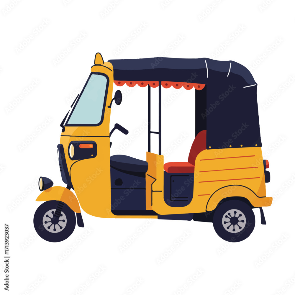 Fototapeta premium A bright and simple flat 2D vector illustration of a classic vintage auto rickshaw stands out prominently on a pristine white background, ideal for travel or retro concepts.