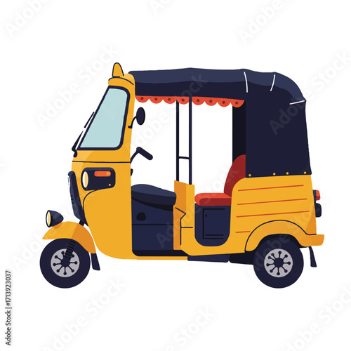 A bright and simple flat 2D vector illustration of a classic vintage auto rickshaw stands out prominently on a pristine white background, ideal for travel or retro concepts.