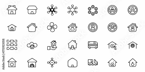 Collection of various home themed icons including houses, delivery trucks, and networking symbols in black line