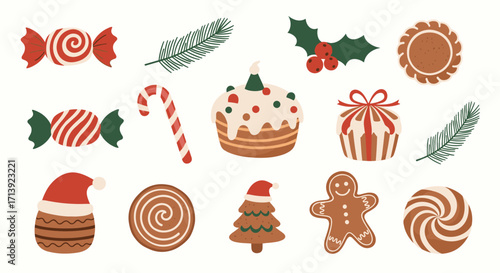 A collection of festive pixel art christmas elements for holiday design.