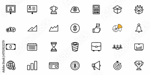 Collection of business and finance icons including charts, money, and awards in a simple line style