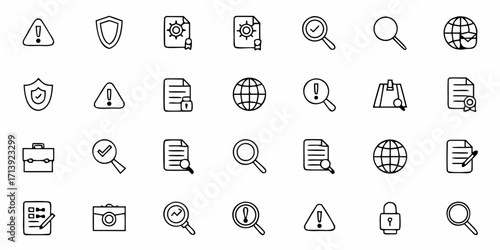 Collection of various line art icons including security, search, document, and global elements present
