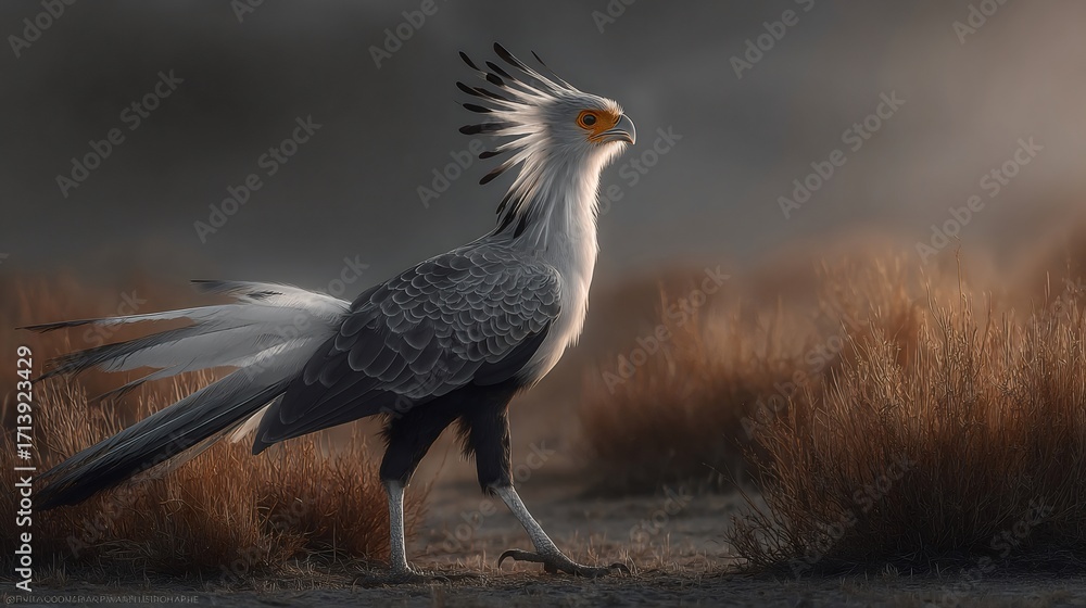 Obraz premium Secretarybird walking in african savanna grassland
