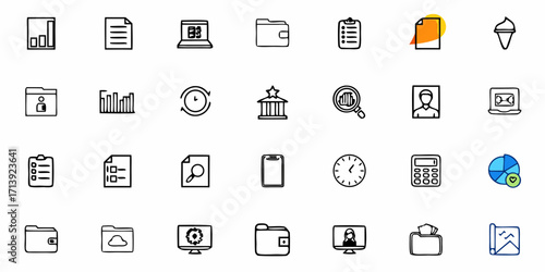 Illustration of various business and office icons including charts documents and devices in a grid layout