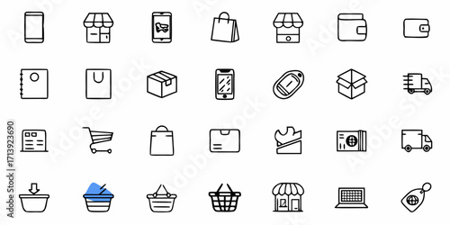 A collection of e commerce icons featuring shopping carts bags trucks and digital devices in line art style