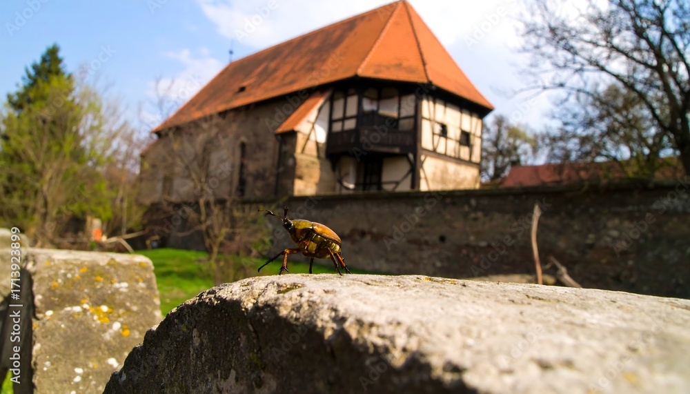Fototapeta premium Beetle on stone wall, historic building