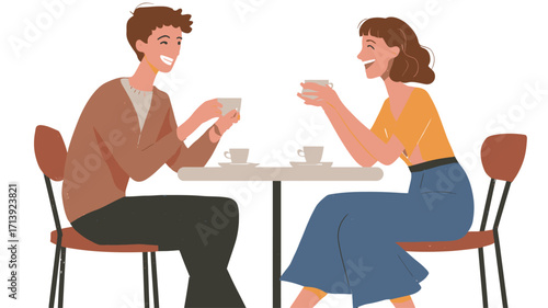 A vector illustration depicts a young man and woman sitting opposite each other at a small round table in a cafe or restaurant setting.  Both are smiling and holding cups, appearing to be engaged
