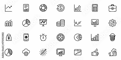 Collection of business and finance themed doodle icons including charts graphs and money symbols in black outline