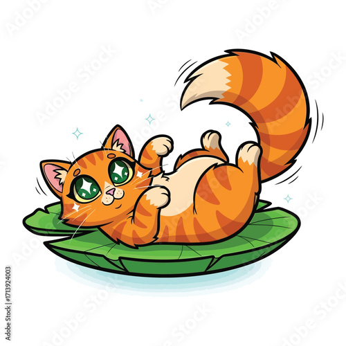 Playful kitten on lily pad: A cute orange kitten reclines playfully on a lily pad. With expressive eyes and vibrant energy, this delightful illustration embodies fun and lightheartedness.
