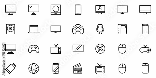 Illustration of various electronic devices including computers smartphones and gaming peripherals in black outline