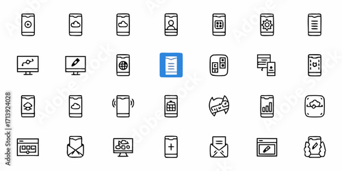 Collection of mobile and desktop app icons representing various functionalities and interfaces