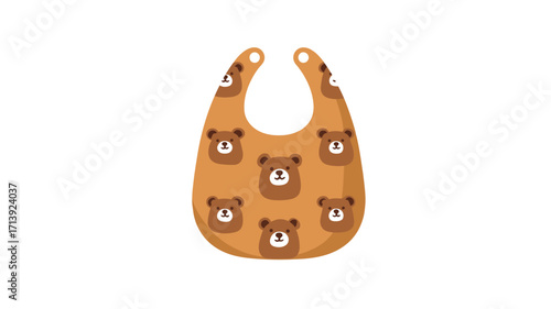 A digital illustration of a baby bib. The bib is brown with a repeating pattern of small brown bear faces.  The bib is depicted on a plain white background and is presented in a simple, 