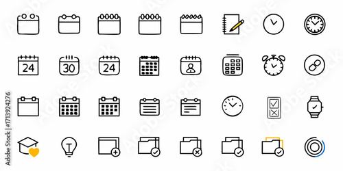 Illustration of various calendar dates time management and productivity icons in a simple line art style