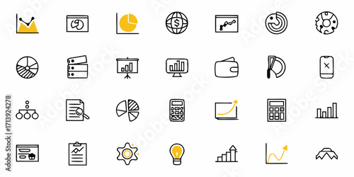 Collection of business and finance icons including charts graphs and office related symbols in outline style