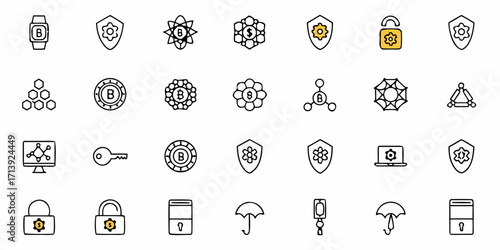Array of crypto and security icons including bitcoin, shields, locks, and other related symbols shown