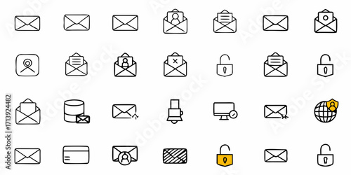 Collection of email and notification icons featuring envelopes locks and other related symbols in outline style