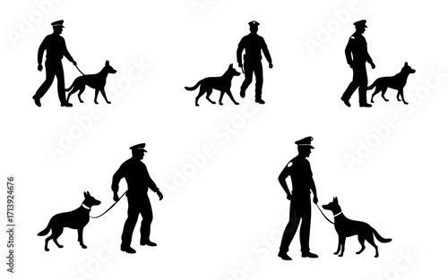Five silhouettes of police officers in uniform walking with their dogs on a white isolated background