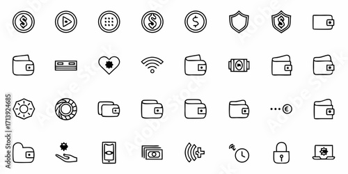 A collection of various line art icons including money wallets and technology related symbols in black and white